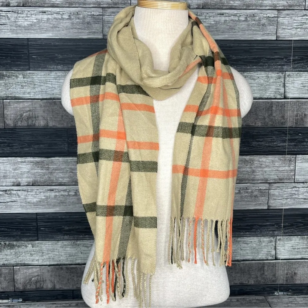 Italian Design Cashmere‎ Scarf Women’s Tan Orange Plaid Fringe Winter